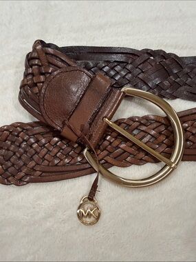 Michael Kors Braided Brown Leather Belt with Gold Ring Buckle